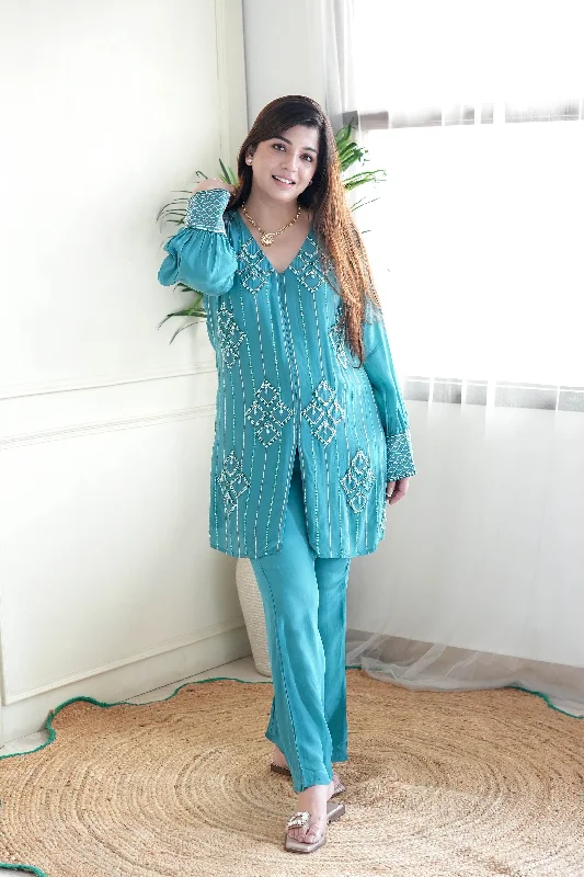 Bright Colors Gulab Turquoise Green Embroidered Co ord Set