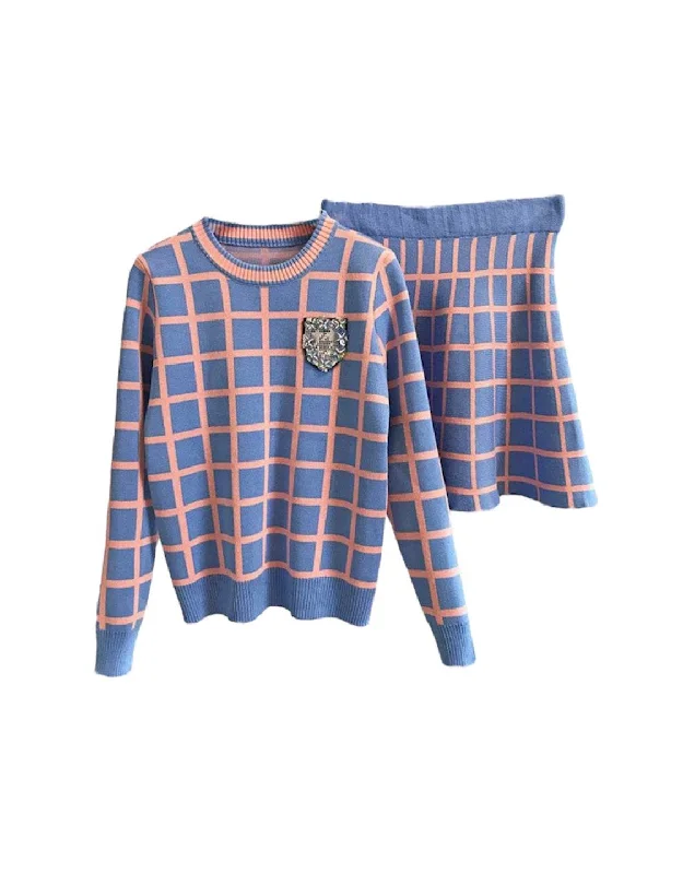 Sports Trend Blue Checkers Top And Skirt Set