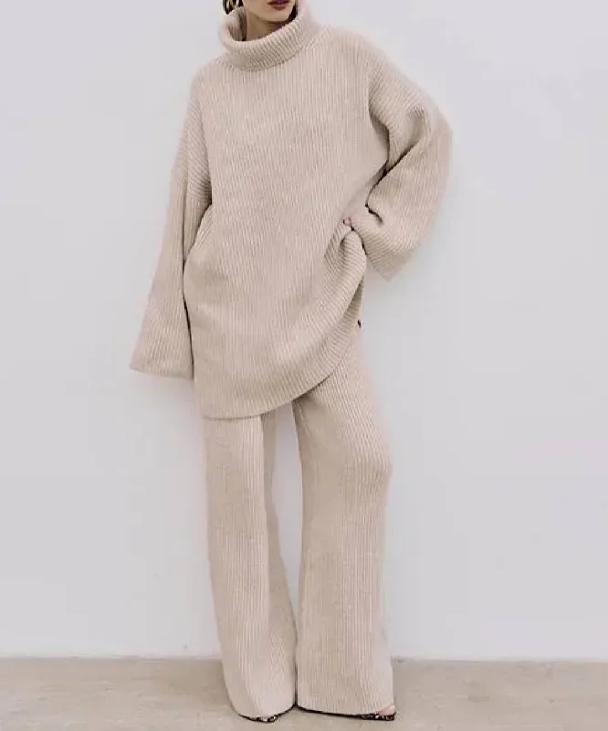 Basic Comfort Loose Turtleneck Sweater and High Waisted Wide Leg Pants Coord Set