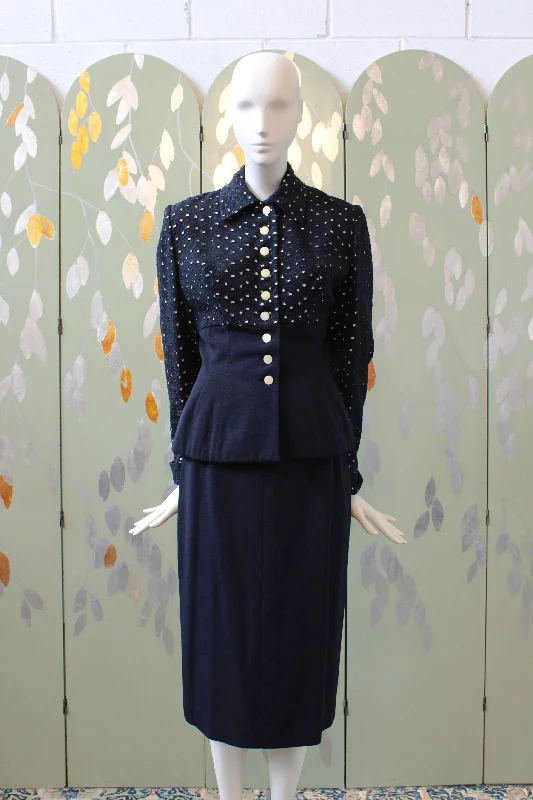 Fashion Style Vintage 1950s Blue Skirt Set With Fitted Eyelet Jacket, Lilli Ann XS