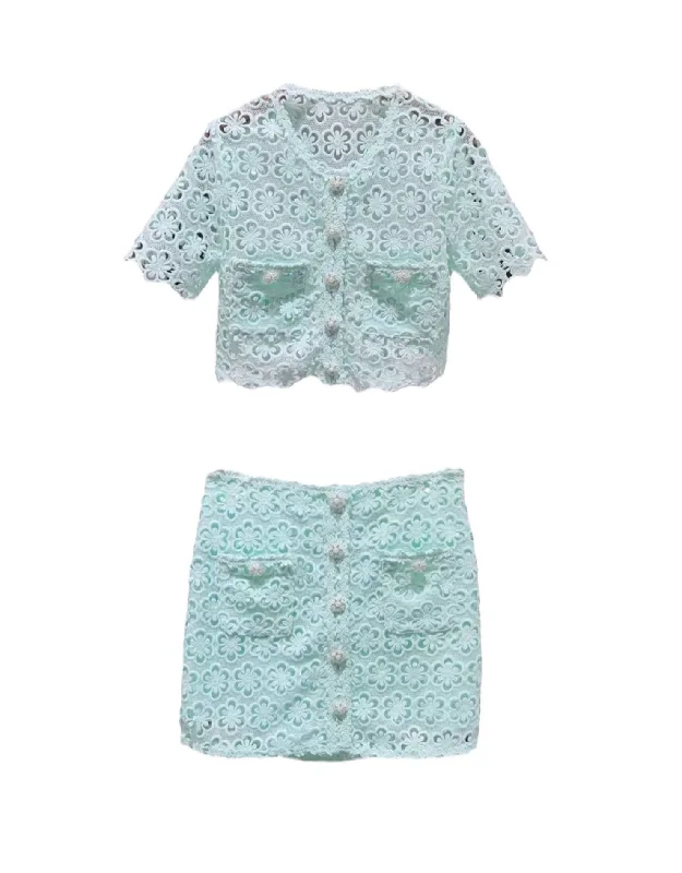 Fashion Expert Mint Green Crochet Shirt And Skirt Set