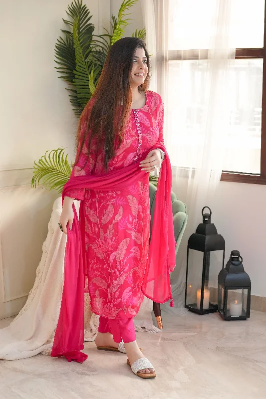 Elegant And Casual Raha Hot Pink Printed Suit Set