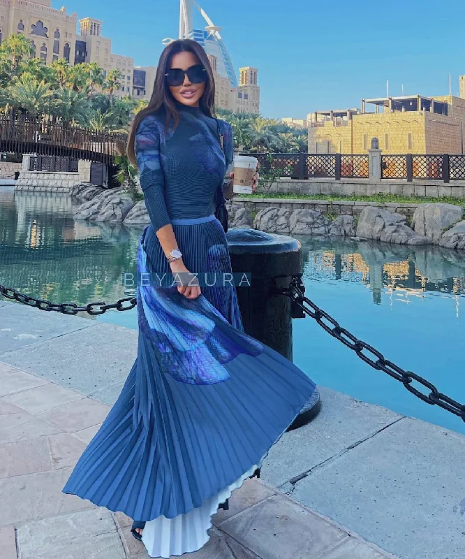 Soft Clothing Printed Long Sleeve With Long Skirt Set In Blue
