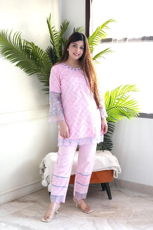 Relaxed Weekend Wear Inayat Pink Schiffli Embroidered Cordset