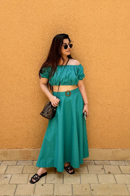 Exquisite Details Carrie Green Poplin Crop Top and Skirt Set with Belt