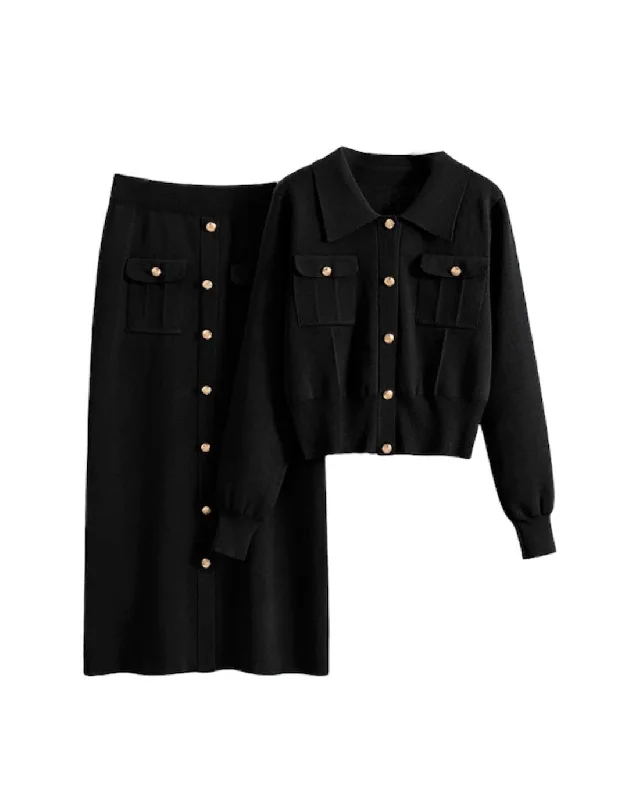 Youthful Style Knit Pocket Shirt And Skirt Two Piece Set