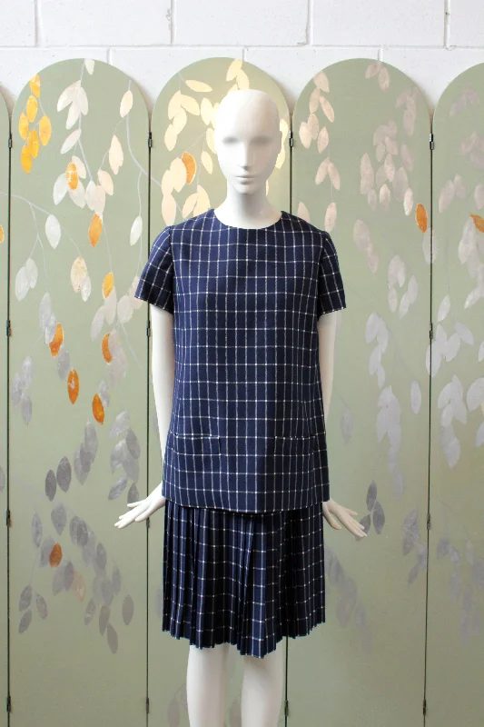 Fashionable Items Vintage 1960s Drop Waist Matching Set In A Blue Grid Check Plaid, Small Fashionable Items Vintage 1960s Drop Waist Matching Set In A Blue Grid Check Plaid, Small