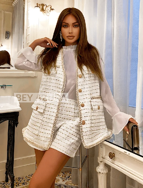 Street Fashion White and Gold Tweed Vest Shorts and Sheer Blouse Three Piece Set