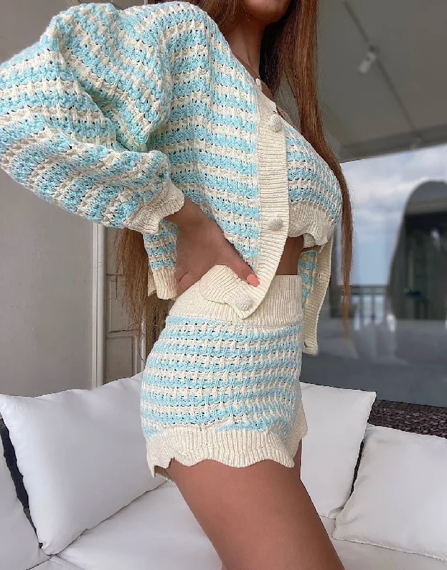 Timeless Outfits Blue Striped Knit Two Piece Cardigan Shorts Set