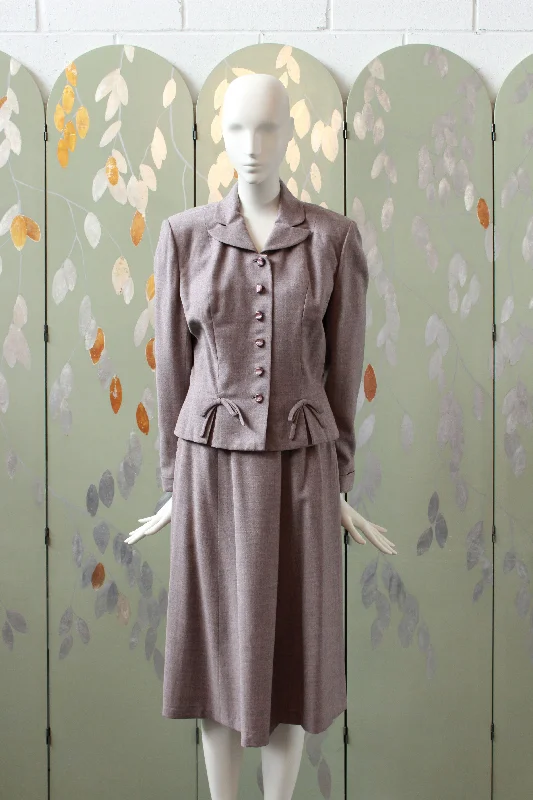 New Products Vintage 1950s Taupe Flared Skirt Suit Set With Bows, XS
