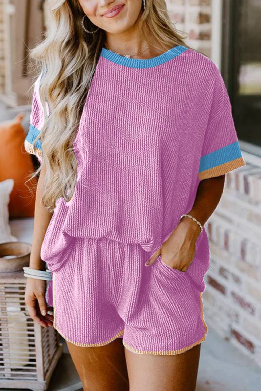 Elegant Fit Phalaenopsis Colorblock Corded Texture Short Set