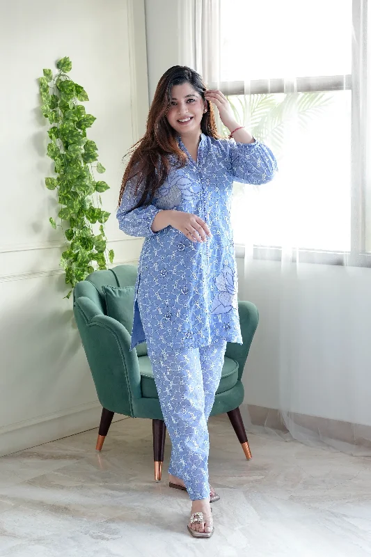 Cozy Pants Viyaah Blue Schiffli Co ord Set