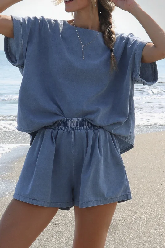 Soft Comfort Light Blue Denim Loose Fit Tee and Shorts Set