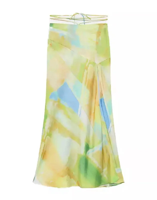 French Style High Slit Printed Silky Satin Skirt