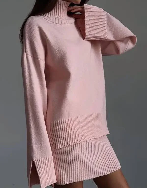 Daily Comfort Turtleneck Sweater And Skirt Knit Set