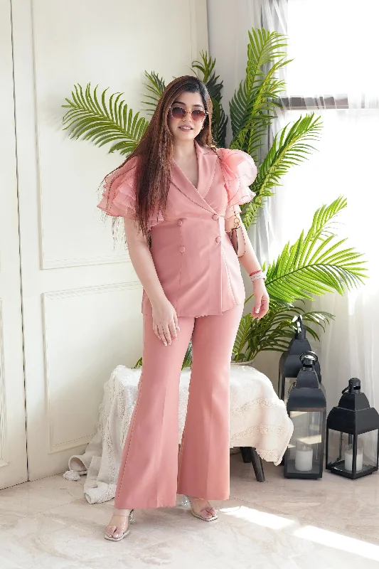 Comfortable And Casual Rubeza Peach Frill Sleeves Cordset
