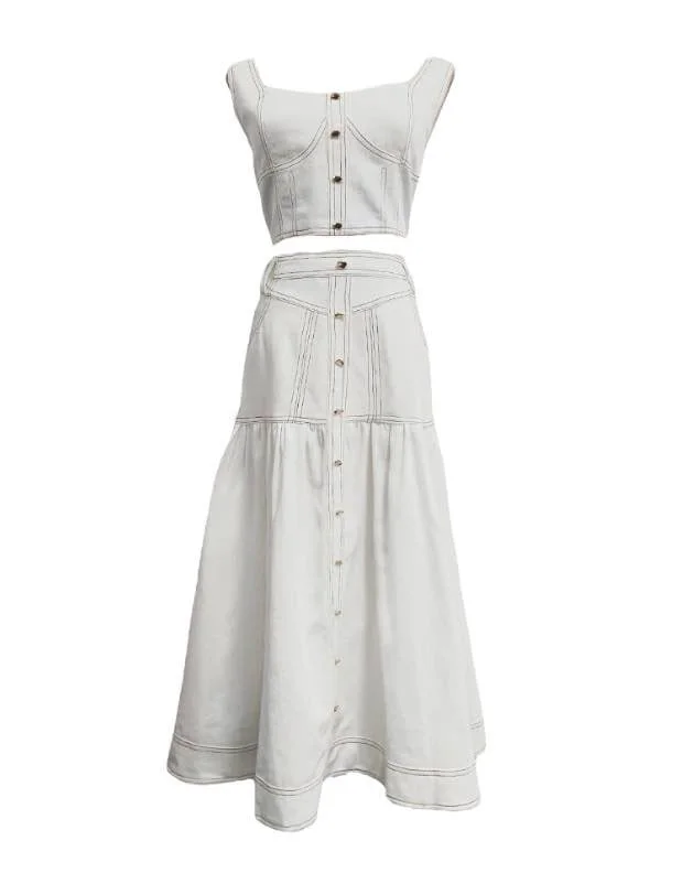 Free And Comfortable White Denim Cropped Top And Skirt Set