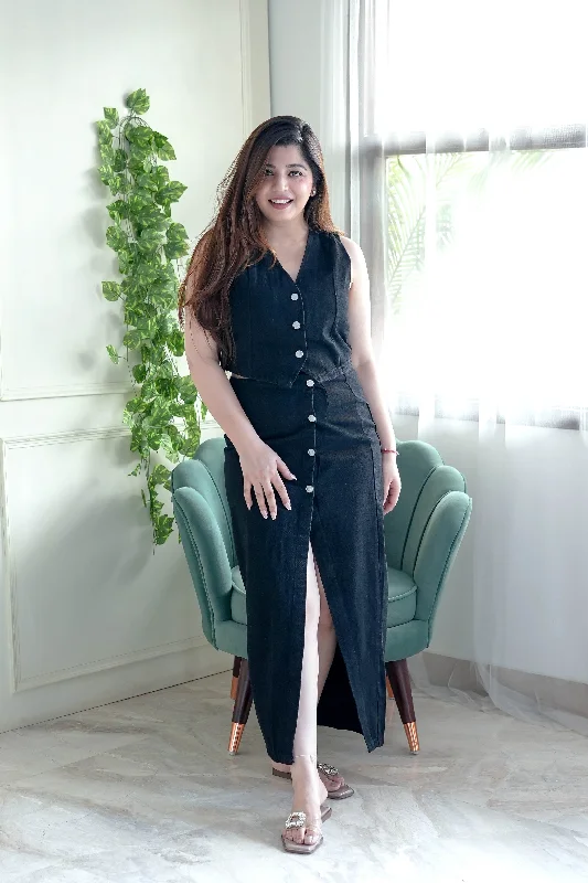 Simple Style Luxe Denim Black Button Up Skirt Set