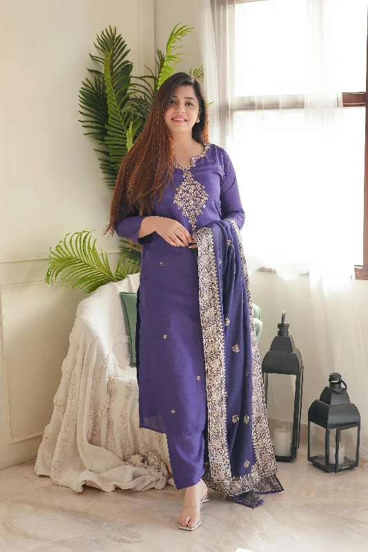 Comfortable And Cold-proof Neera Purple Zari Embroidered Suit Set