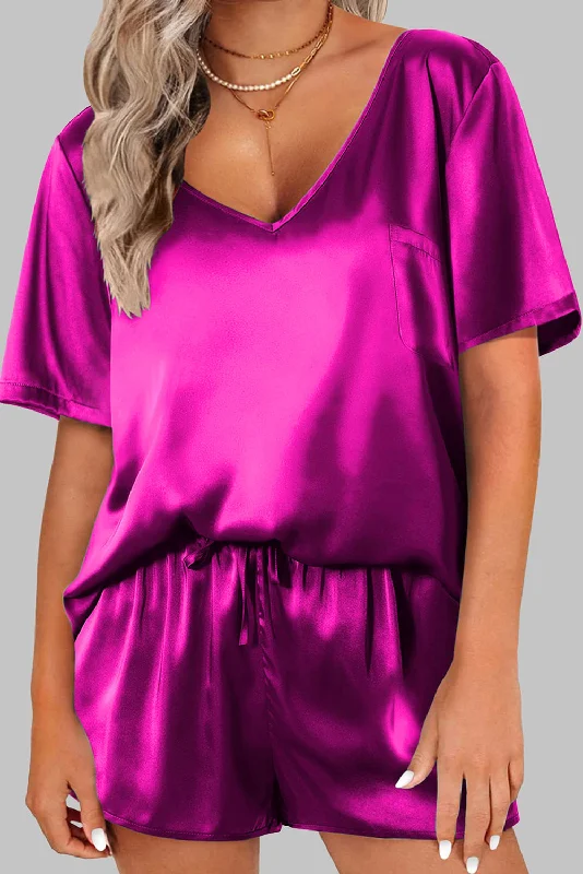 Casual Comfort Bright Pink Satin V Neck Tee and Drawstring Shorts Set
