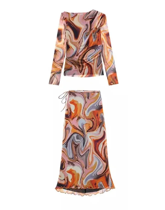 Exquisite Fabrics Tie Dye Mid Calf Bodycon Mesh Skirt Set