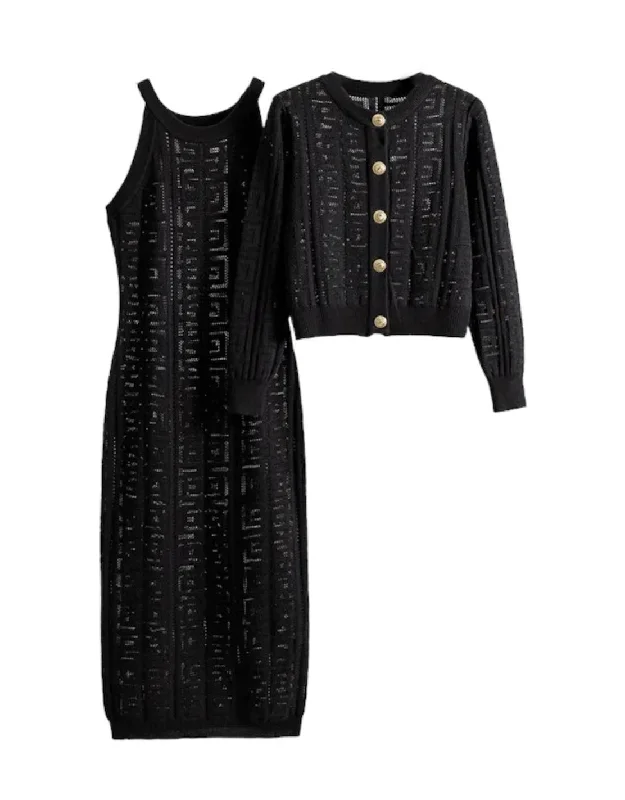 Personal Charm Soft Knit Midi Dress Buttoned Cardigan Two Piece Set
