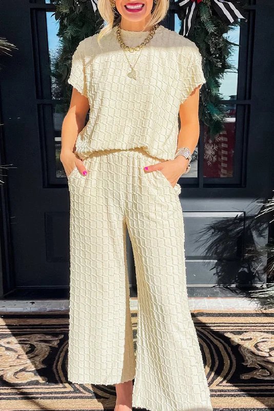 Fashion And Simplicity Apricot Lattice Textured Tee and Wide Leg Pants Two-Piece Set Fashion And Simplicity Apricot Lattice Textured Tee and Wide Leg Pants Two-Piece Set