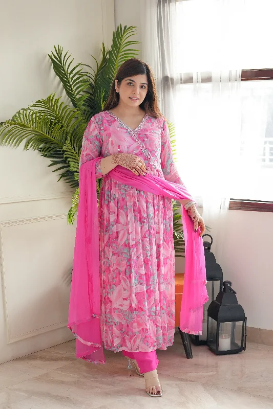 Everyday Outfits Pink Floral Long Slit Suit Set