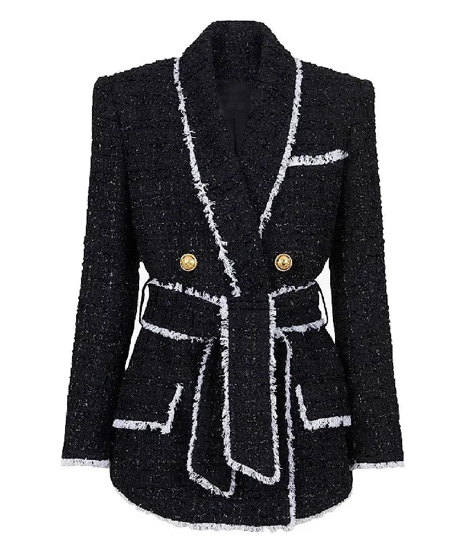 French Style Black Tweed Belted Blazer