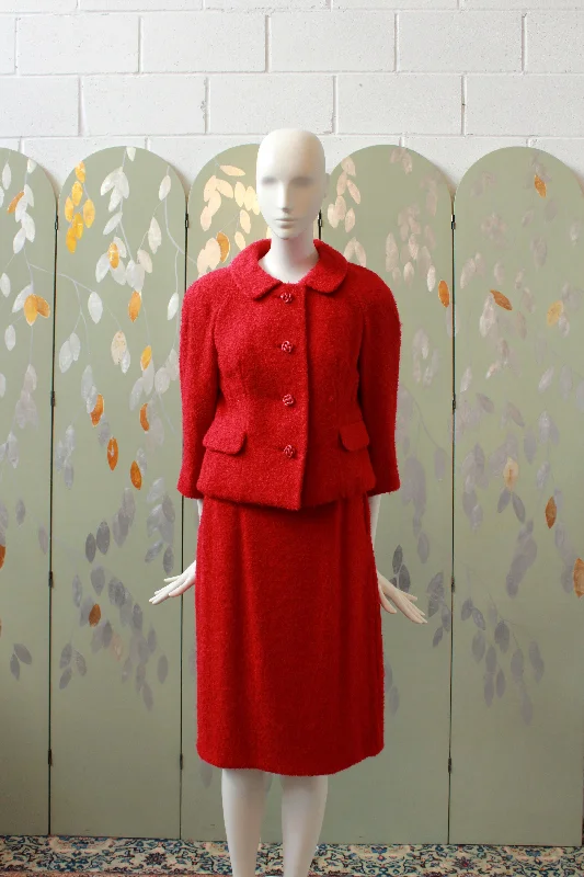 Body Design Vintage 1960s Red Jackie O Style Skirt Set With Intricate Buttons, XS