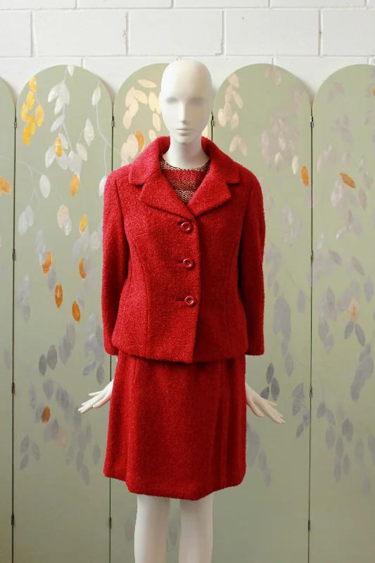 Elegant Outline Vintage 1960s 3 Piece Red and Orange Mod Skirt Suit Set, XS