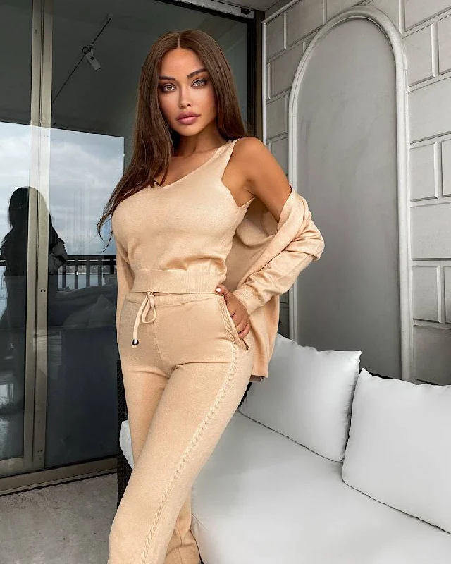 Fresh And Elegant Ribbed Knit Pastel Camisole Cardigan Pants Three Piece Set in Beige Fresh And Elegant Ribbed Knit Pastel Camisole Cardigan Pants Three Piece Set in Beige