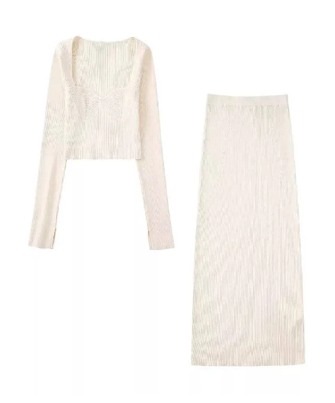 Elegant And Simple Off White Knitted Long Skirt Top Set