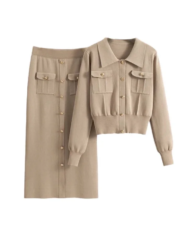 Classic Choice Knit Pocket Shirt And Skirt Two Piece Set