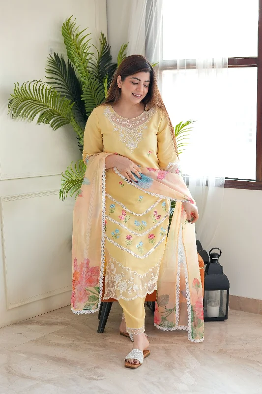 Trendy Layers Neemra Yellow Thread Work Organza Suit