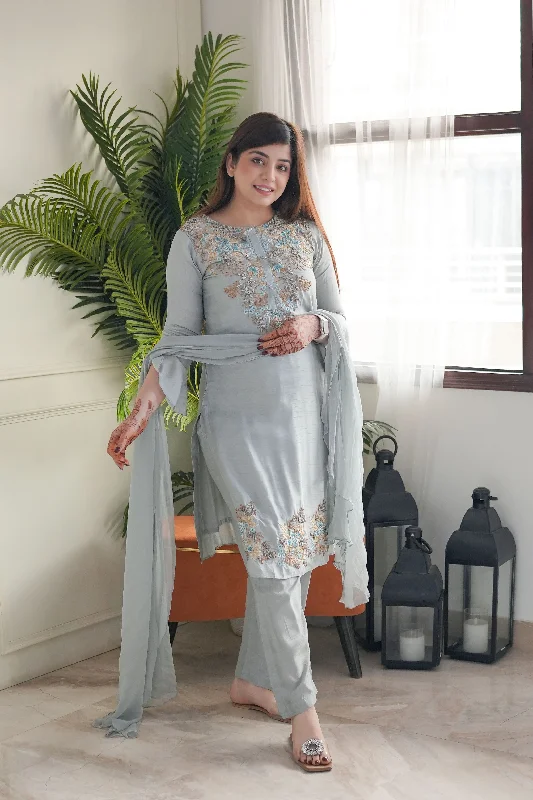 Party Wear Grey Embroidered Silk Suit