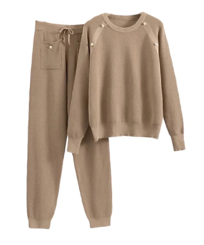 Everyday Style Pearl Button Pants With Sweatshirt Knit Set