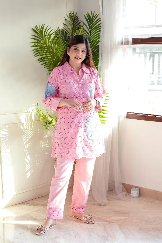 Casual And Versatile Mehreen Pink Embroidered Schiffli Cordset