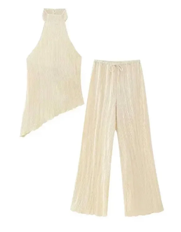 Weekend Style Golden Satin Halter Top And Trousers