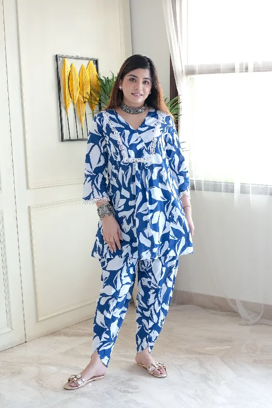 High Street Series Noor Blue Printed Co ord Set with Lace Detailing