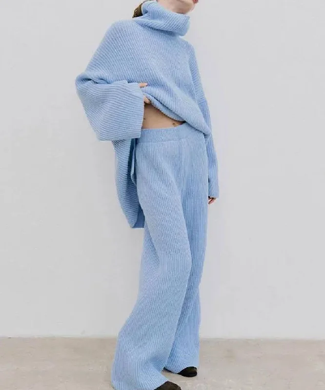 Summer Comfort Loose Turtleneck Sweater and High Waisted Wide Leg Pants Coord Set