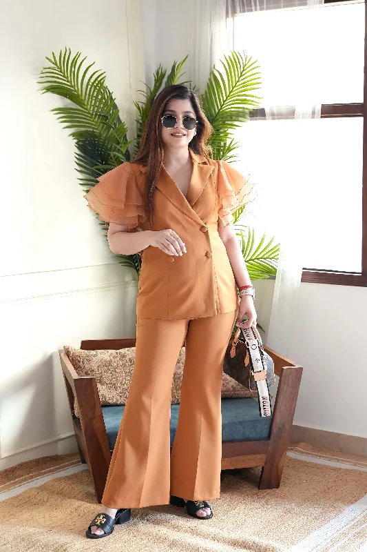 Comfy Pants Rubeza Tan Frill Sleeves Co ord Set