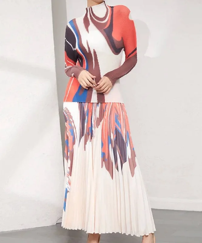 Warm Chic Outfits Printed Long Sleeve With Long Skirt Set In Orange