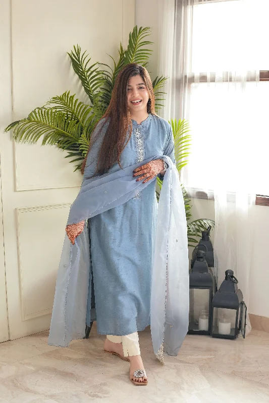 Chic Comfort Wear Sia Blue Silk Shirt And Dupatta