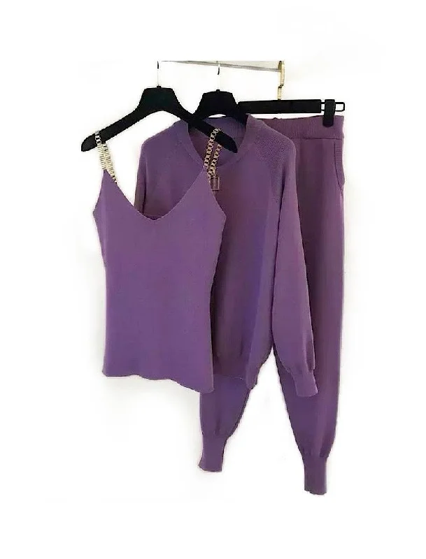 Goddess Outfit Purple Ribbed Knit Chain Camisole Cardigan Pants Three Piece Set