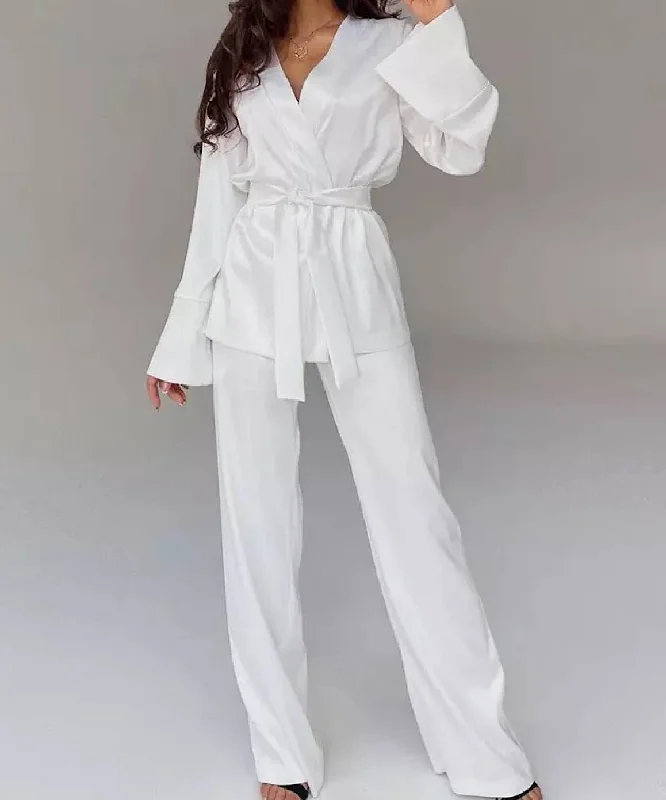 Sports Design Satin Robe and Trousers Loungewear Set In White