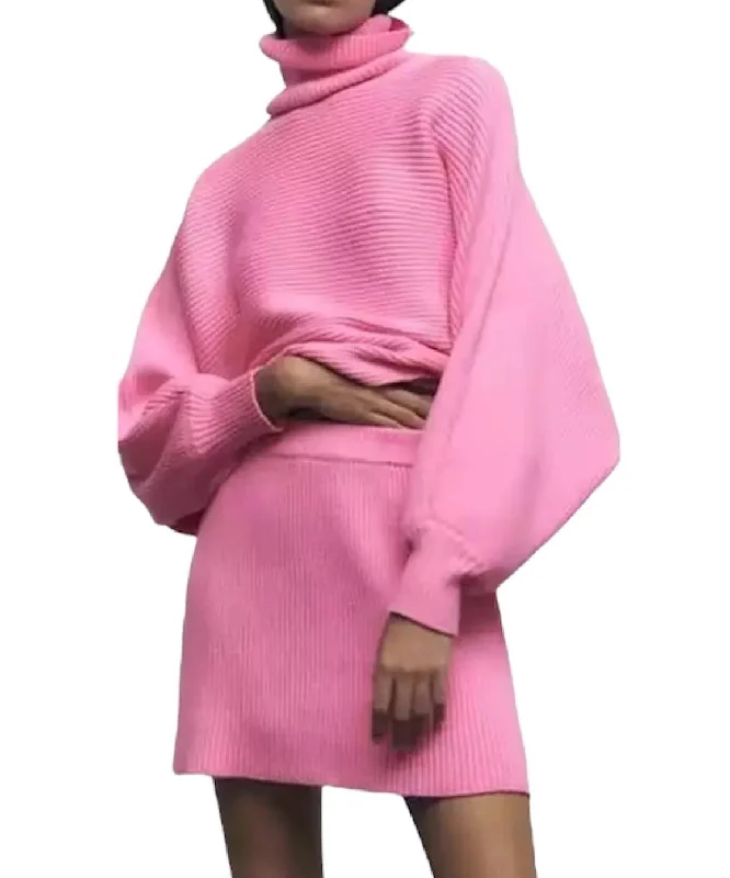 Slightly Flared Design Turtleneck Top And Skirt Knit Set In Pink