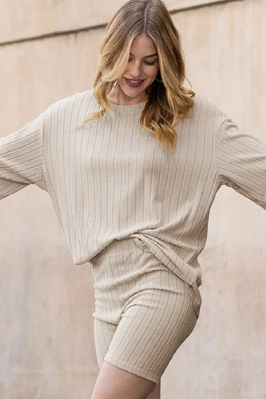 Luxury Fashion Gray Ribbed Knit Drop Shoulder T Shirt & Shorts Two Piece Shorts Sets Luxury Fashion Gray Ribbed Knit Drop Shoulder T Shirt & Shorts Two Piece Shorts Sets