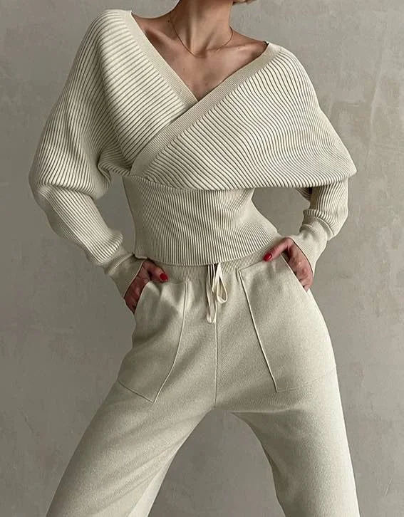 Fashion Concept Deep V Neck Sweater Pants Two Piece Knit Set