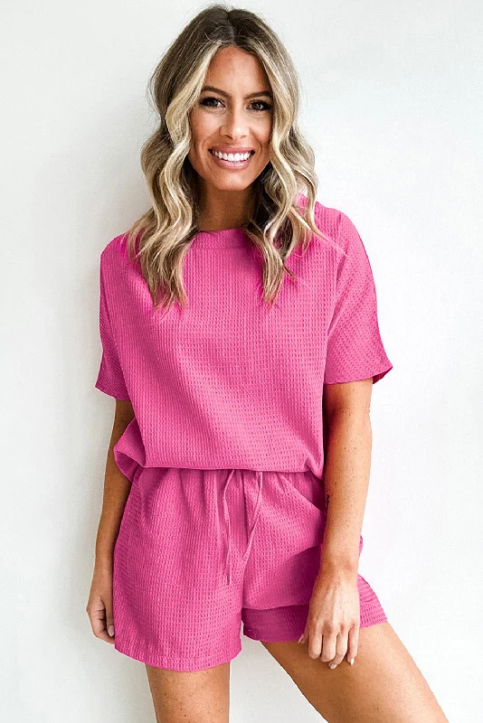 Soft Tops Rose Red Casual Textured Tee and Drawstring Shorts Set